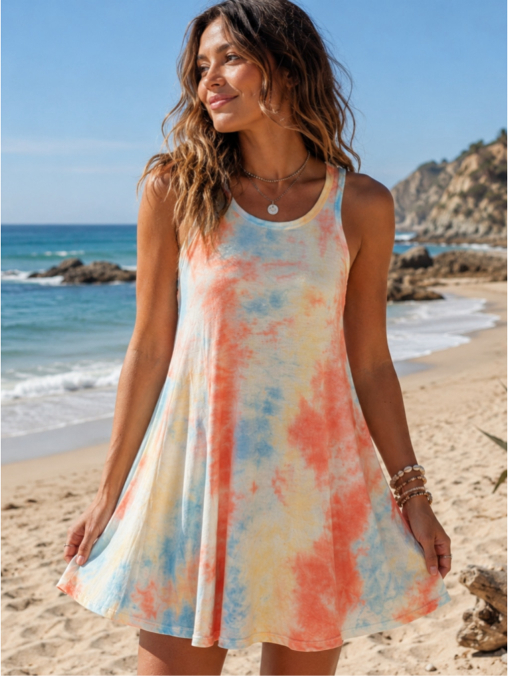 Veronica M Pastel Tie Dye Sleeveless Tank Swing Dress Made in USA
